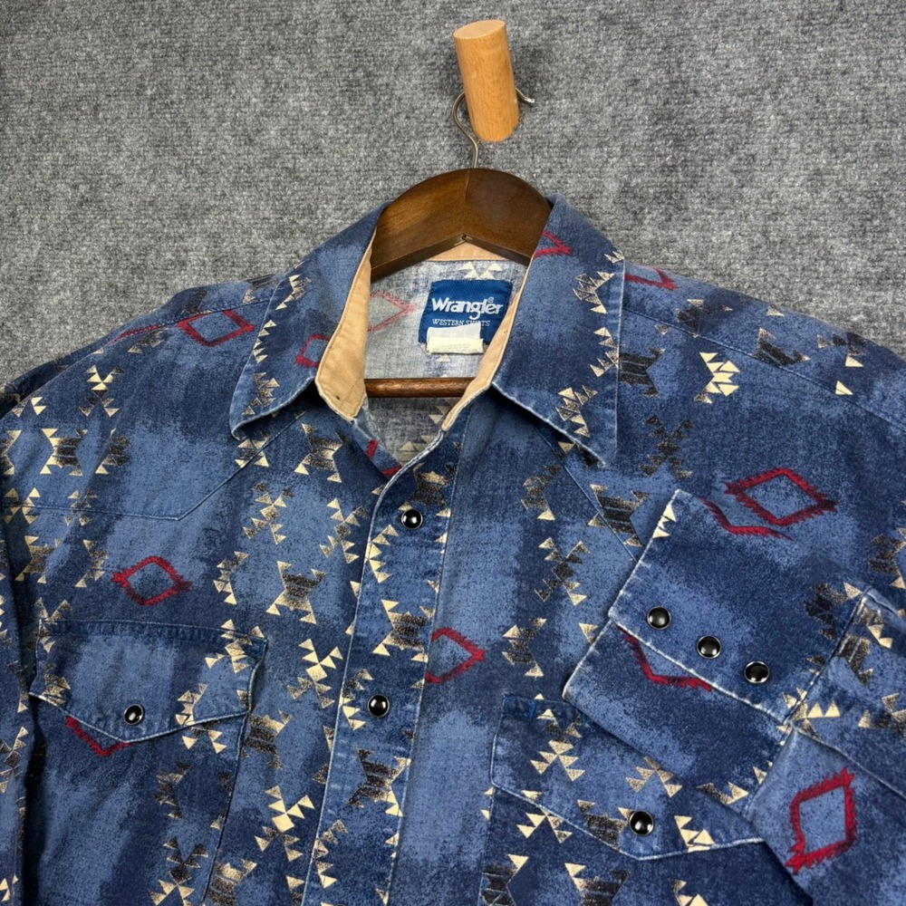 Wrangler Western Shirt Mens XL Blue Southwestern Geometric Snap Button Down 0622